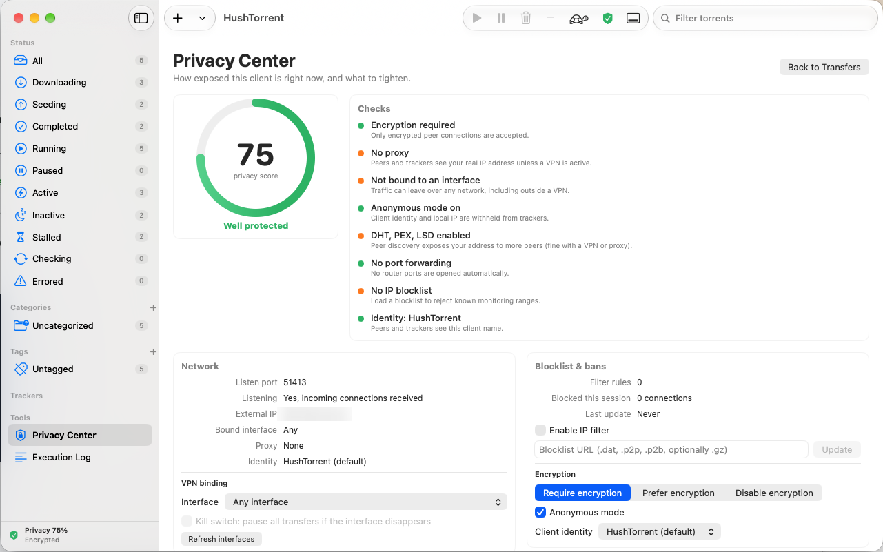 HushTorrent's Privacy Center: a privacy score of 75, a list of passed and warning checks, and network, VPN, blocklist and encryption settings.